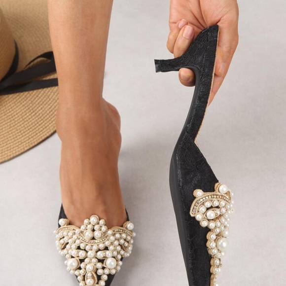 Black Faux Pearl Decor Kitten Heeled Mules - Picture 4 of 6
